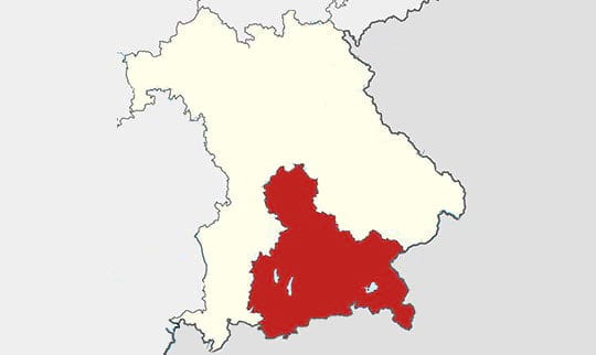 Oberbayern auf einer Bayernkarte