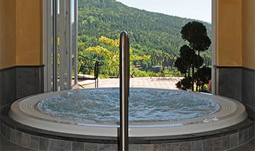 Runder Whirlpool mit Ausblick auf den Wald