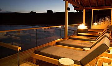 Braune liegen mit Ausblick auf die Natur am Abend