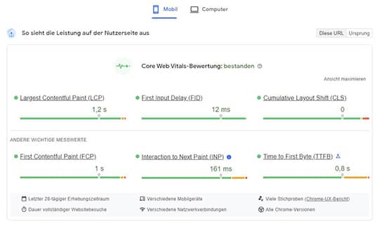 Bewertung der mobilen Nutzererfahrung durch den Google Core Web Vitals Test